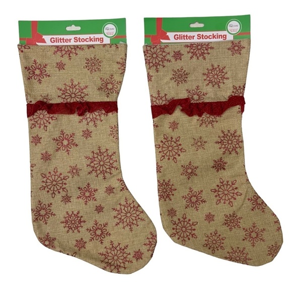 Christmas Stockings Burlap Snowflakes Ruffle Subtle Glitter Set of 2 Brown Red - Picture 2 of 9